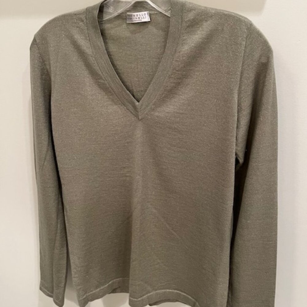 Brunello Cucinelli green cashmere v-neck sweater